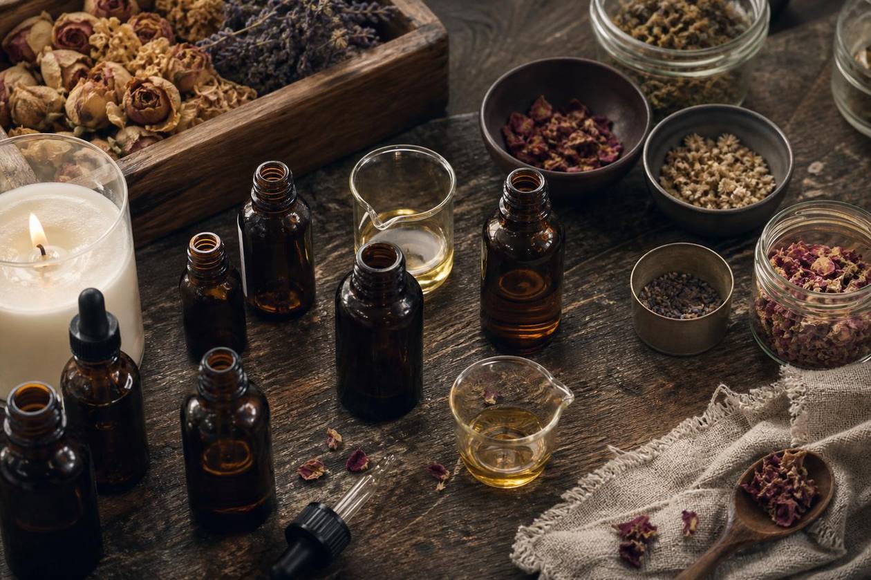 Essential oil bottles and botanicals arranged for scent blending