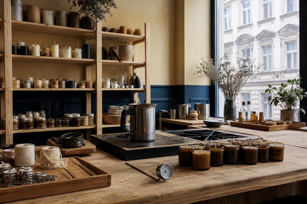 Workshop shelves with candles and wick spools