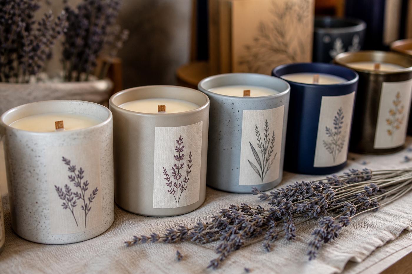 Scented candle vessels with lavender sprigs on linen