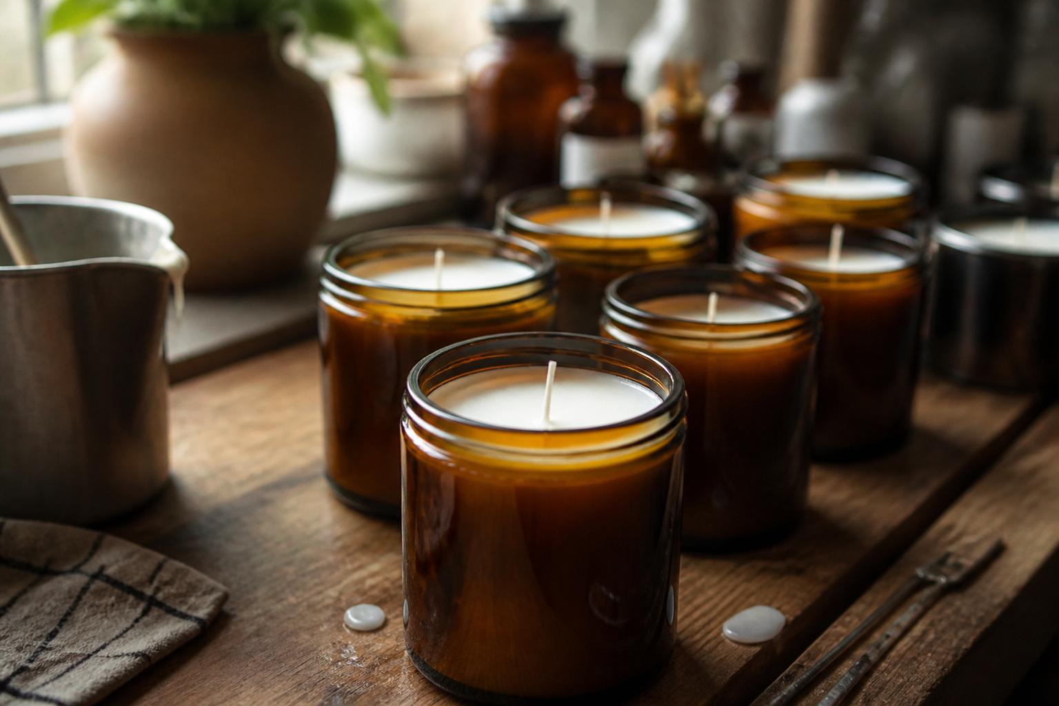Amber candle vessels lined on a wooden workshop table